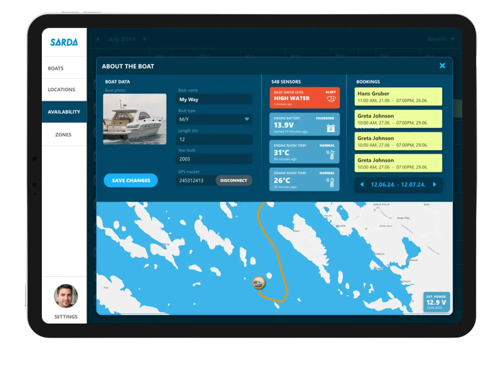 A boats details in the boat fleet management software platform Sarda