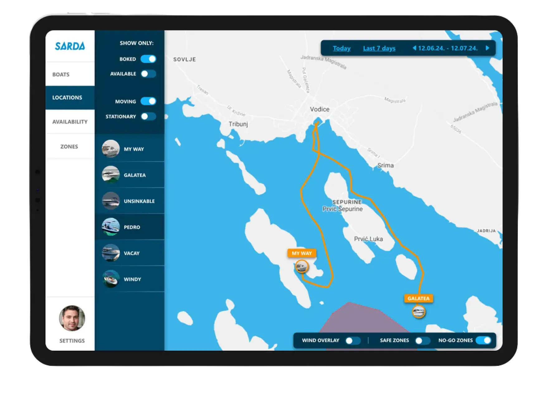 A boat fleet management gps tracking dashboard and map of journey
